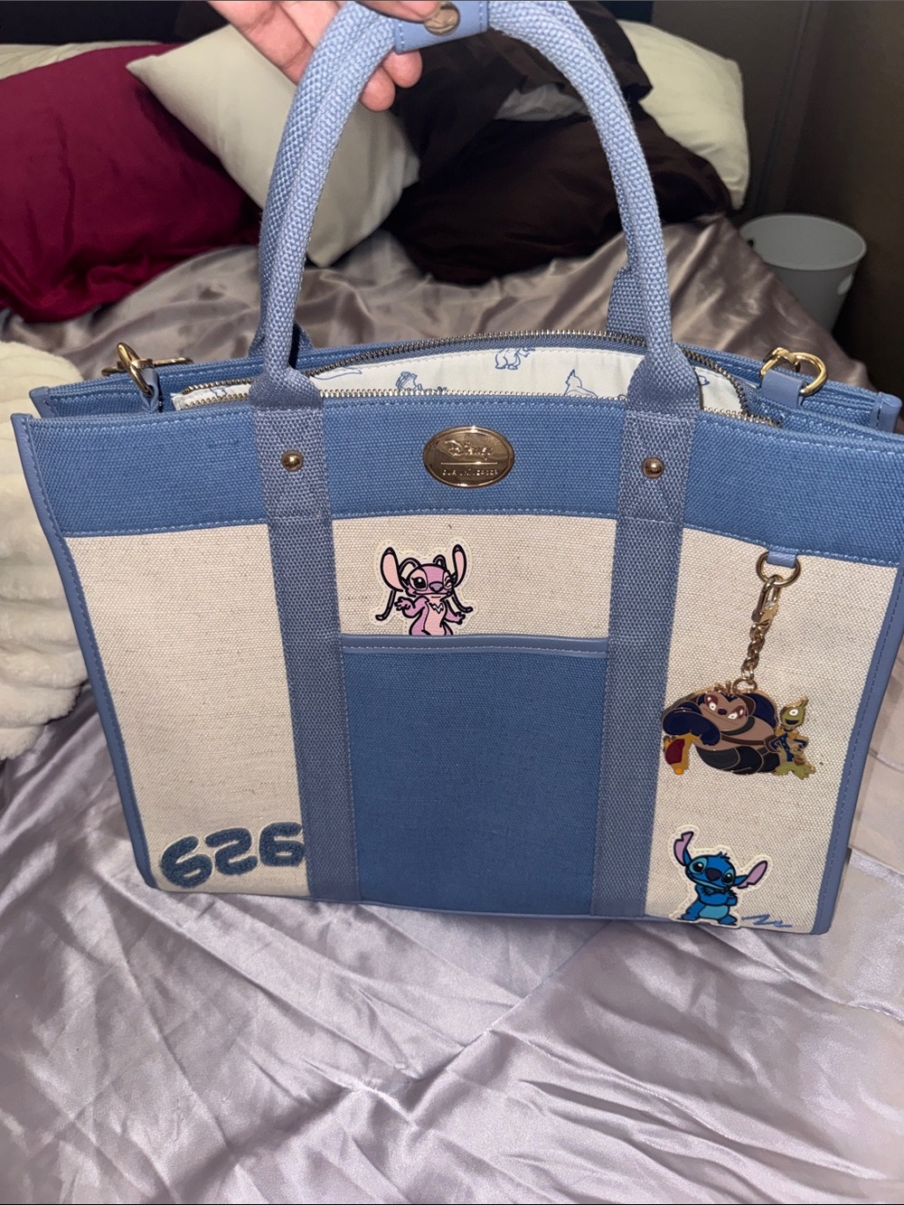 Disney Canvas Tote Bag in Light Blue & Cream with Stitch Accents